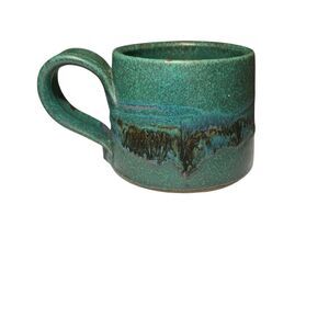 Handmade Studio Pottery Mug Green Drip Glaze Signed Stoneware Coffee Tea Cup